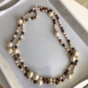 Knotted Faux Pearl and Wood Beaded Statement Necklace